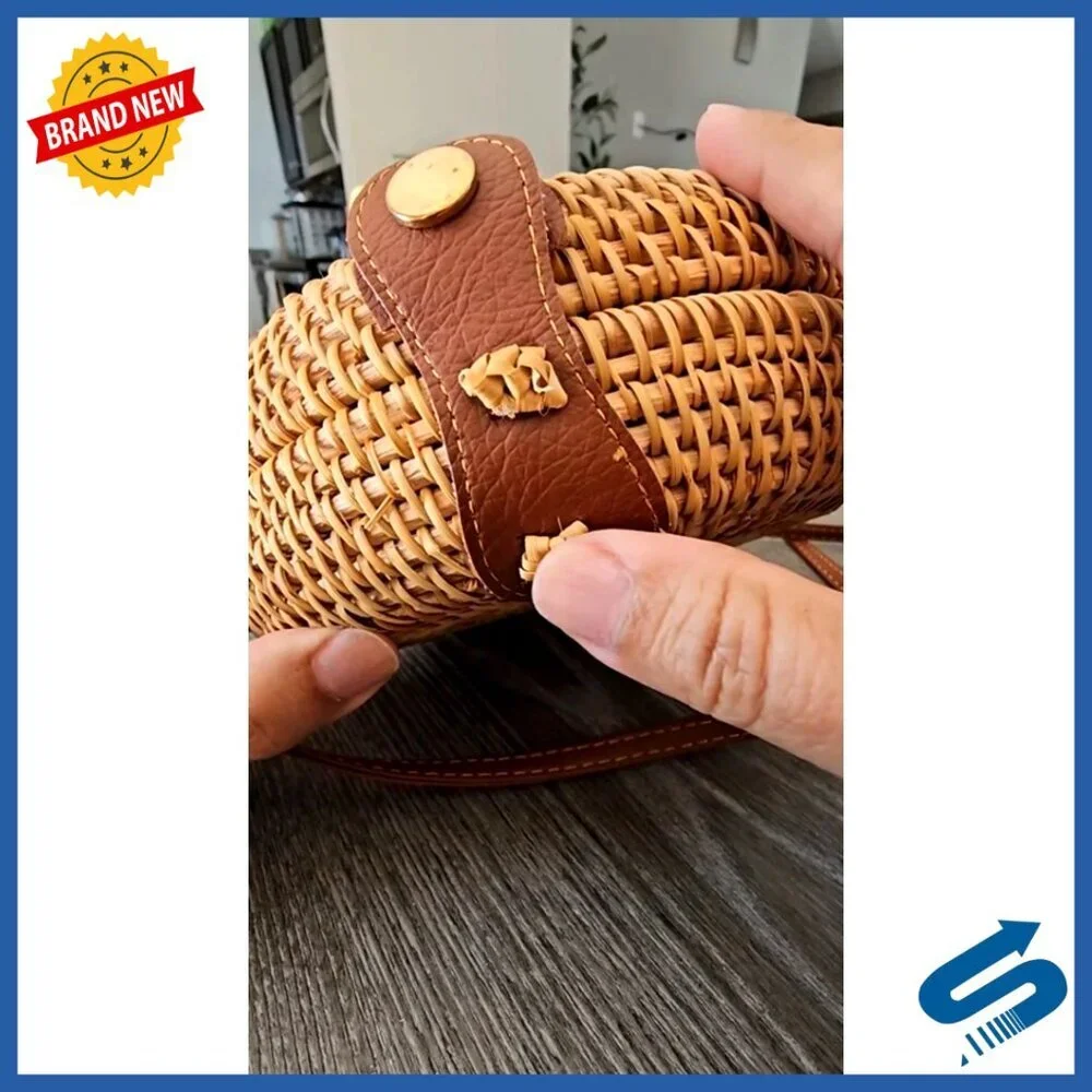 Round Rattan Crossbody Bag Handwoven Wicker Purse Summer Boho Chic